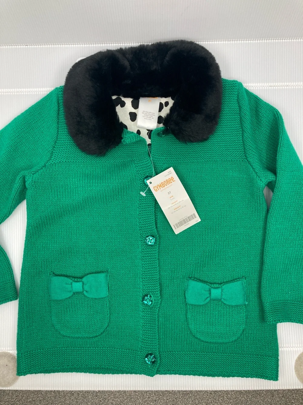 Gymboree Faux Fur Collar Knit Cardigan Sweater Bow Pockets Green NWT S601